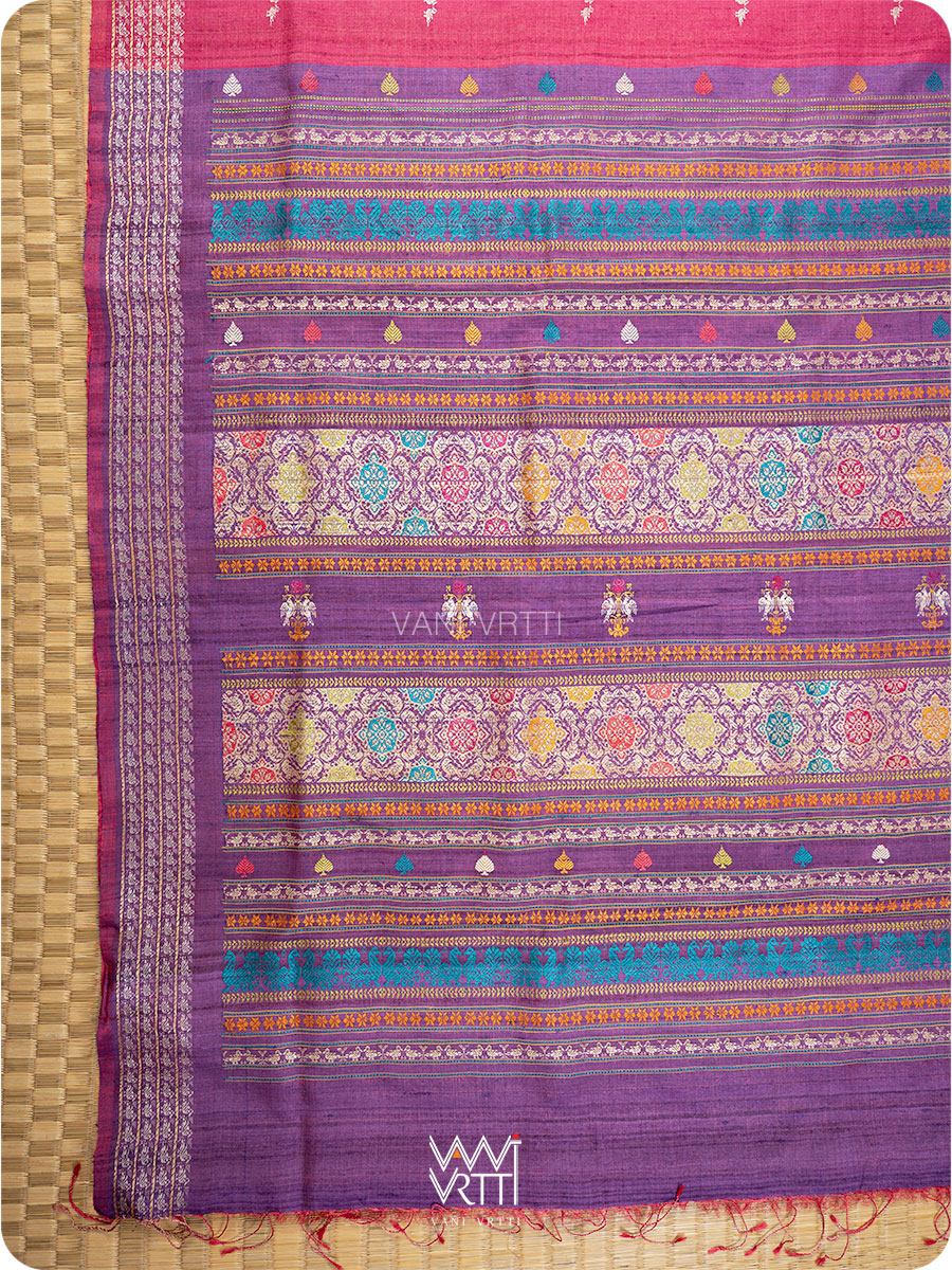 Pink Purple Nightingale Master Weave Exclusive Handspun Tussar Silk Saree