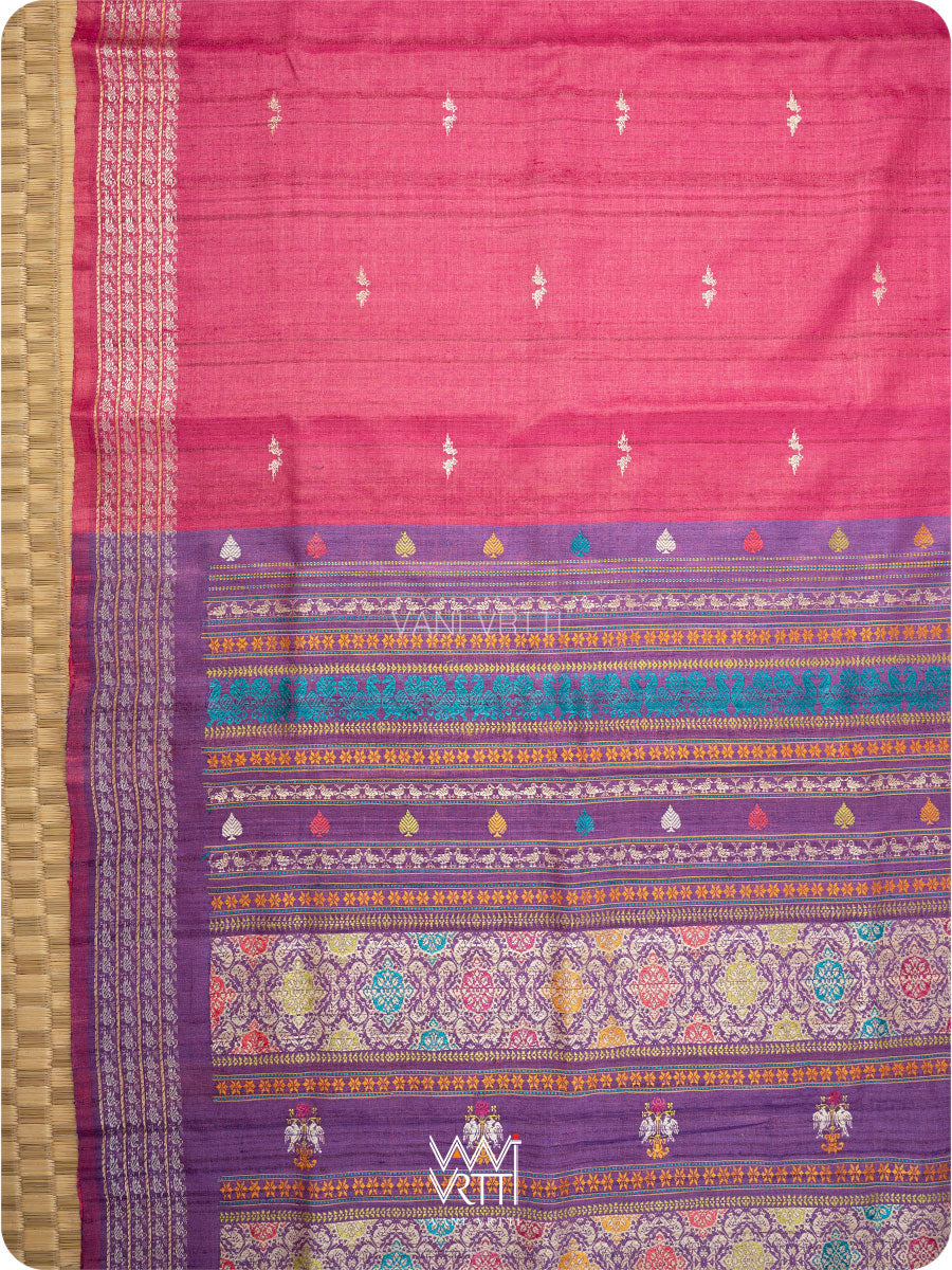 Pink Purple Nightingale Master Weave Exclusive Handspun Tussar Silk Saree