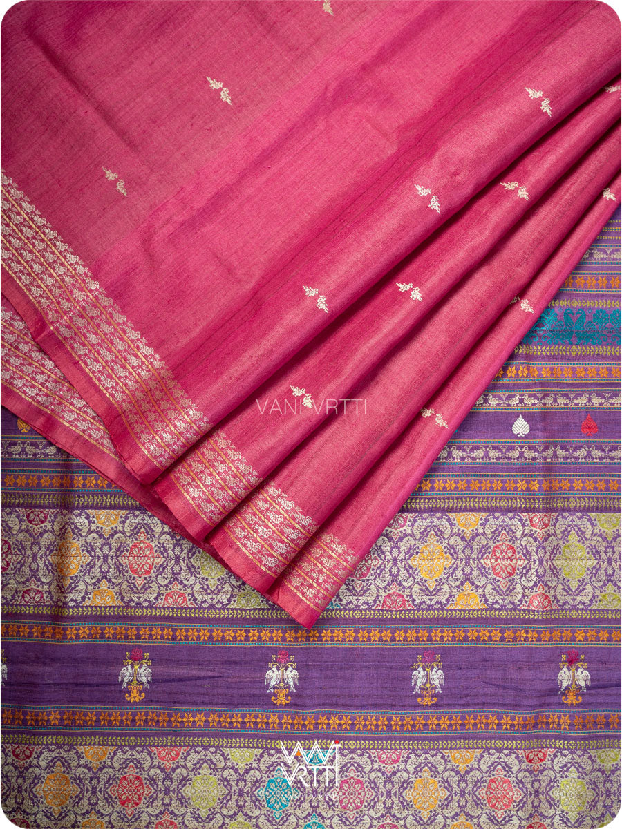 Pink Purple Nightingale Master Weave Exclusive Handspun Tussar Silk Saree