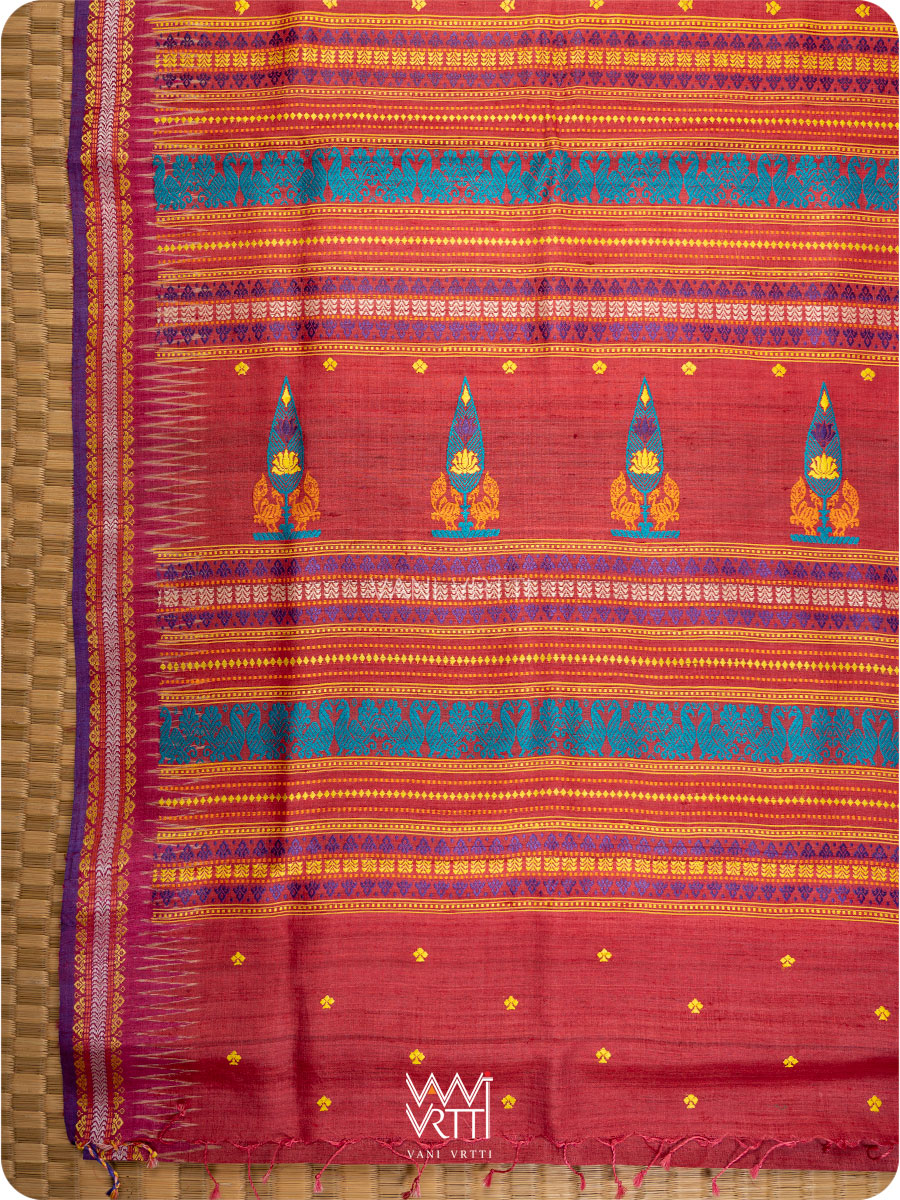 Tomato Red Tree of Life Handspun Tussar Silk Sari