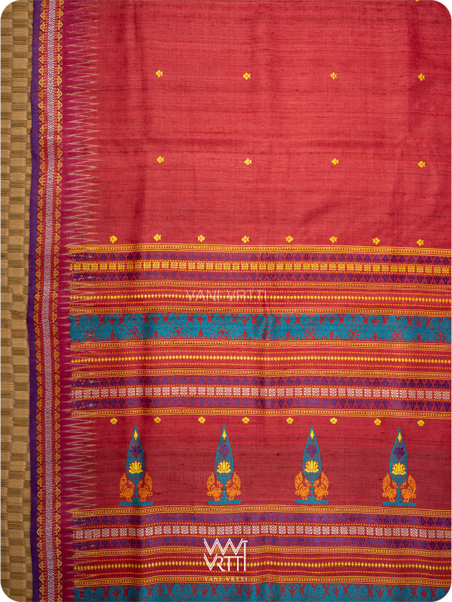 Tomato Red Tree of Life Handspun Tussar Silk Sari