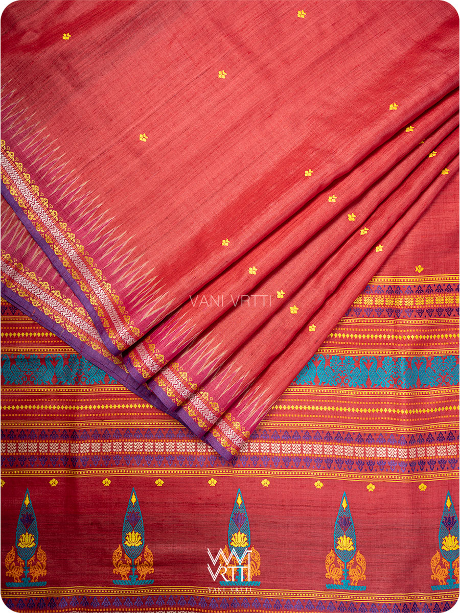 Tomato Red Tree of Life Handspun Tussar Silk Sari