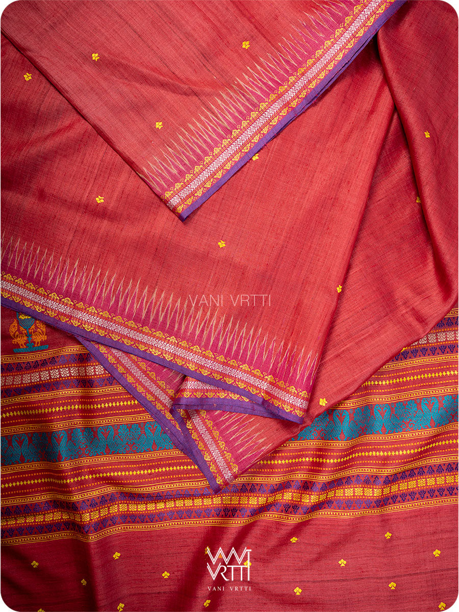 Tomato Red Tree of Life Handspun Tussar Silk Sari
