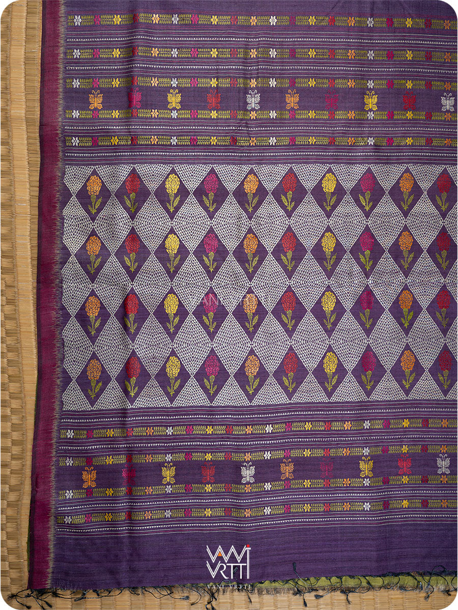 Baigani Olive Green Marigold Wild Garden Master Weave Exclusive Handspun Tussar Silk Saree