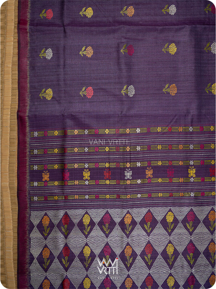 Baigani Olive Green Marigold Wild Garden Master Weave Exclusive Handspun Tussar Silk Saree