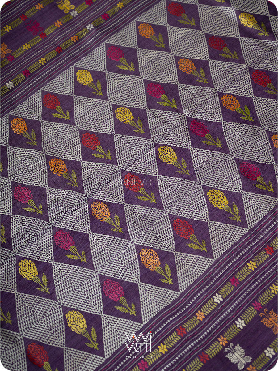 Baigani Olive Green Marigold Wild Garden Master Weave Exclusive Handspun Tussar Silk Saree