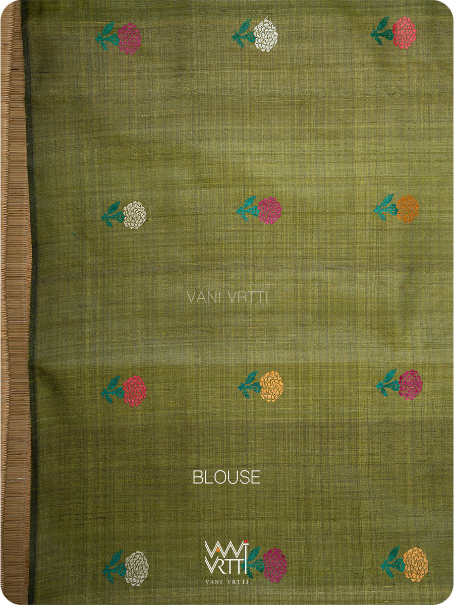 Baigani Olive Green Marigold Wild Garden Master Weave Exclusive Handspun Tussar Silk Saree
