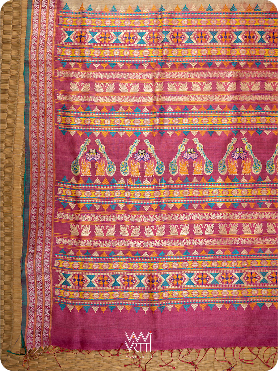 Off White Pink Green Veena Pani Lata Master Weave Exclusive Handspun Tussar Silk Saree