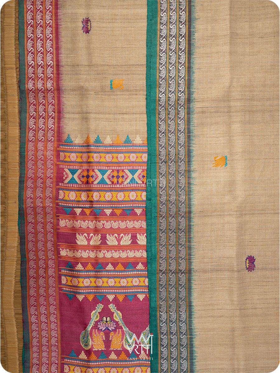 Off White Pink Green Veena Pani Lata Master Weave Exclusive Handspun Tussar Silk Saree
