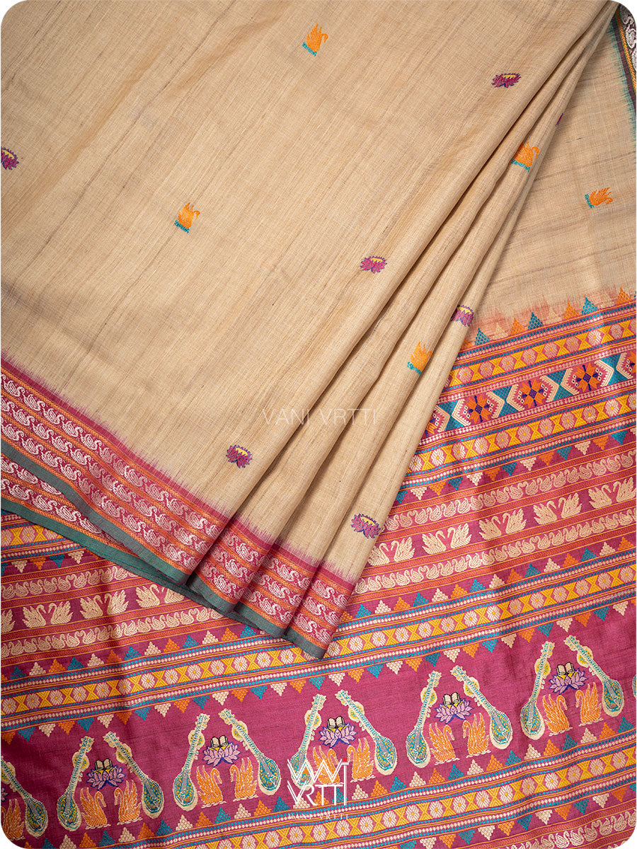 Off White Pink Green Veena Pani Lata Master Weave Exclusive Handspun Tussar Silk Saree