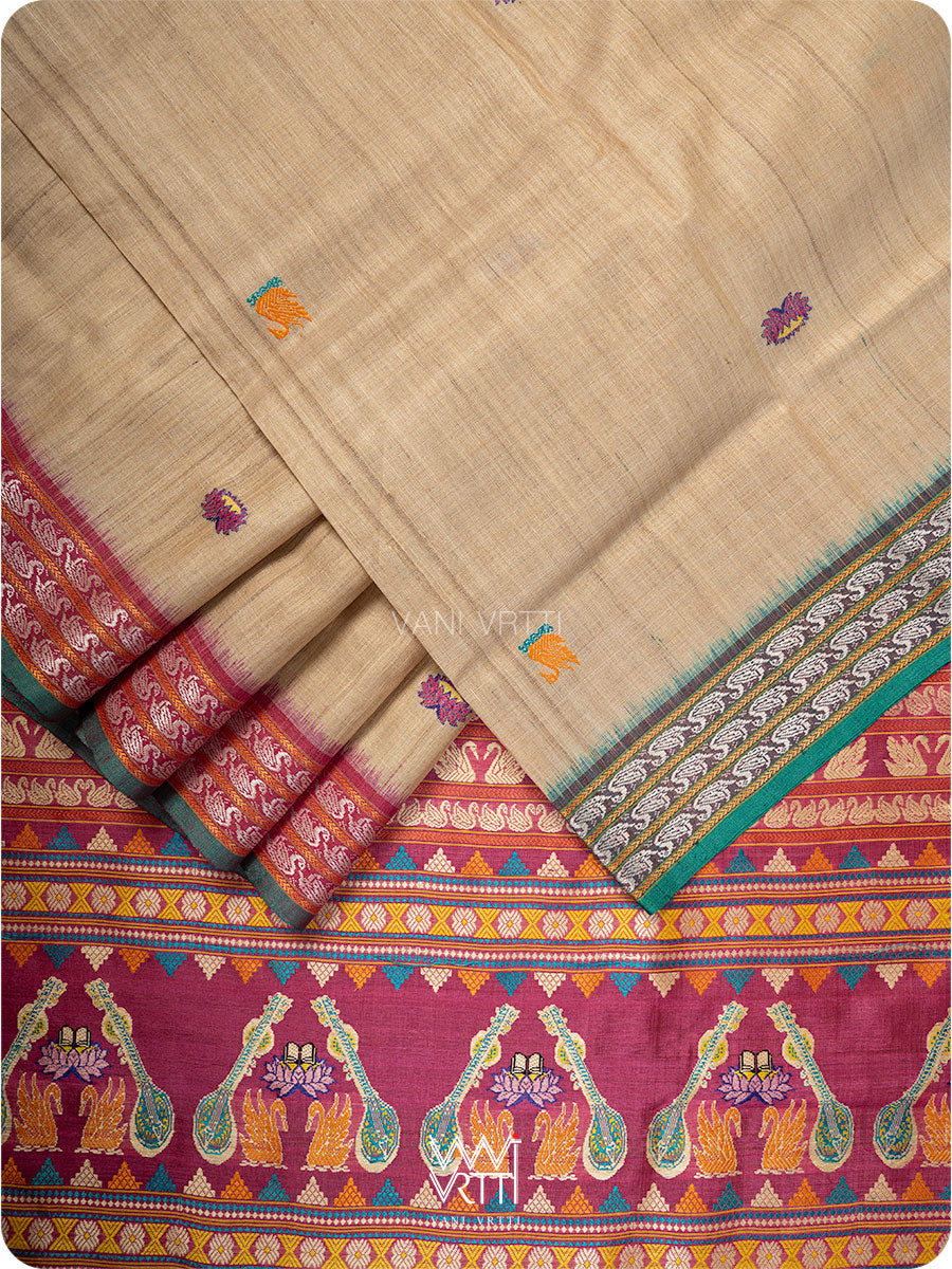 Off White Pink Green Veena Pani Lata Master Weave Exclusive Handspun Tussar Silk Saree