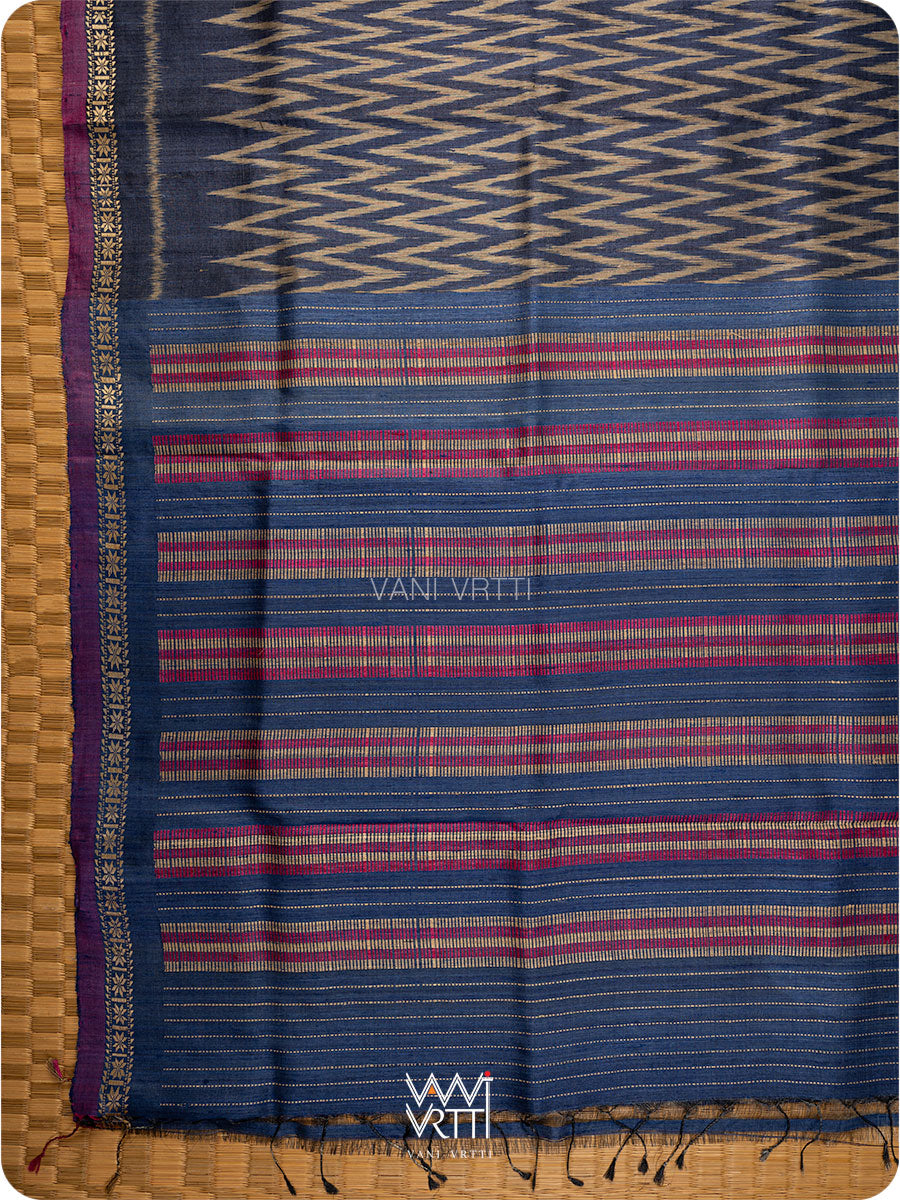 Midnight Blue Aziz Ikat Handspun Tussar Silk Saree