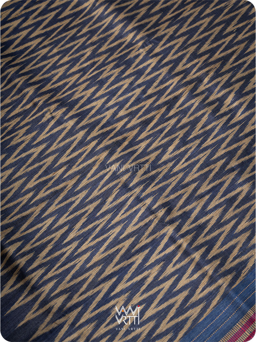 Midnight Blue Aziz Ikat Handspun Tussar Silk Saree