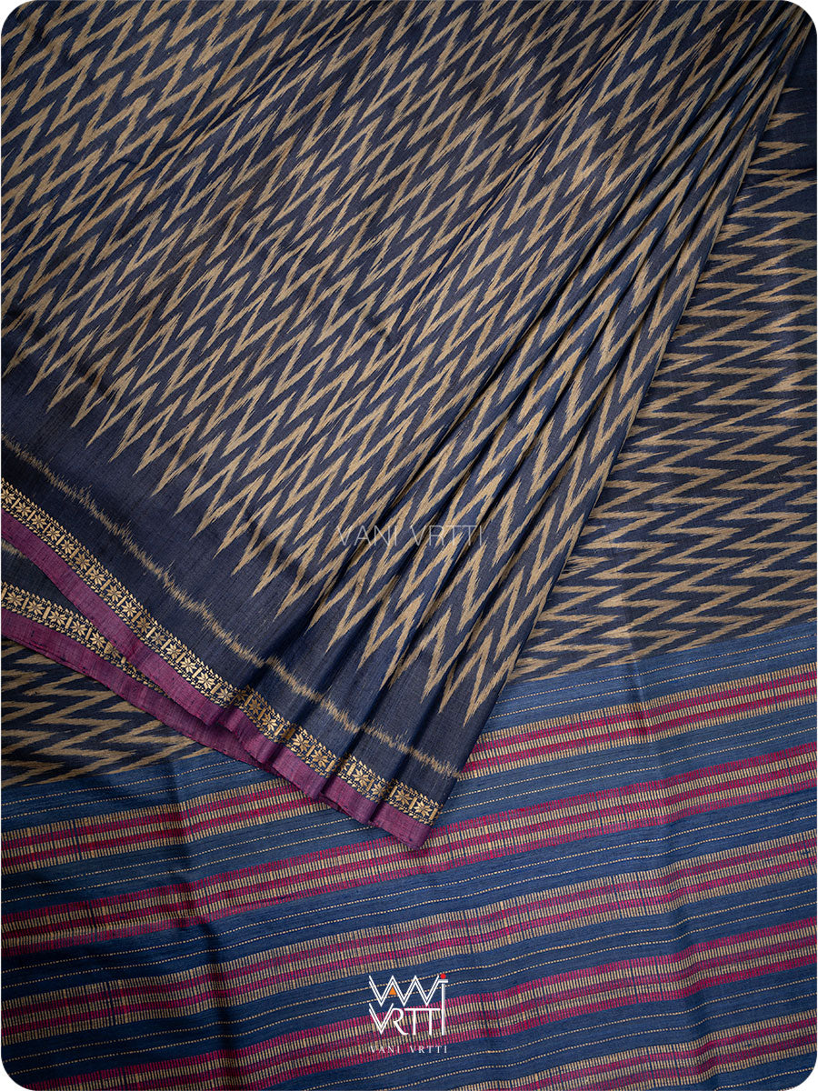 Midnight Blue Aziz Ikat Handspun Tussar Silk Saree