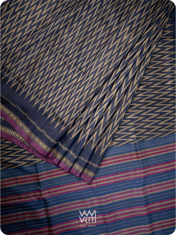 Midnight Blue Aziz Ikat Handspun Tussar Silk Saree