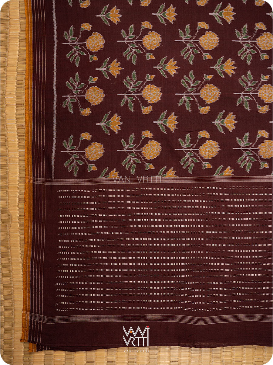 Coffee Marigold Cotton Ikat Saree