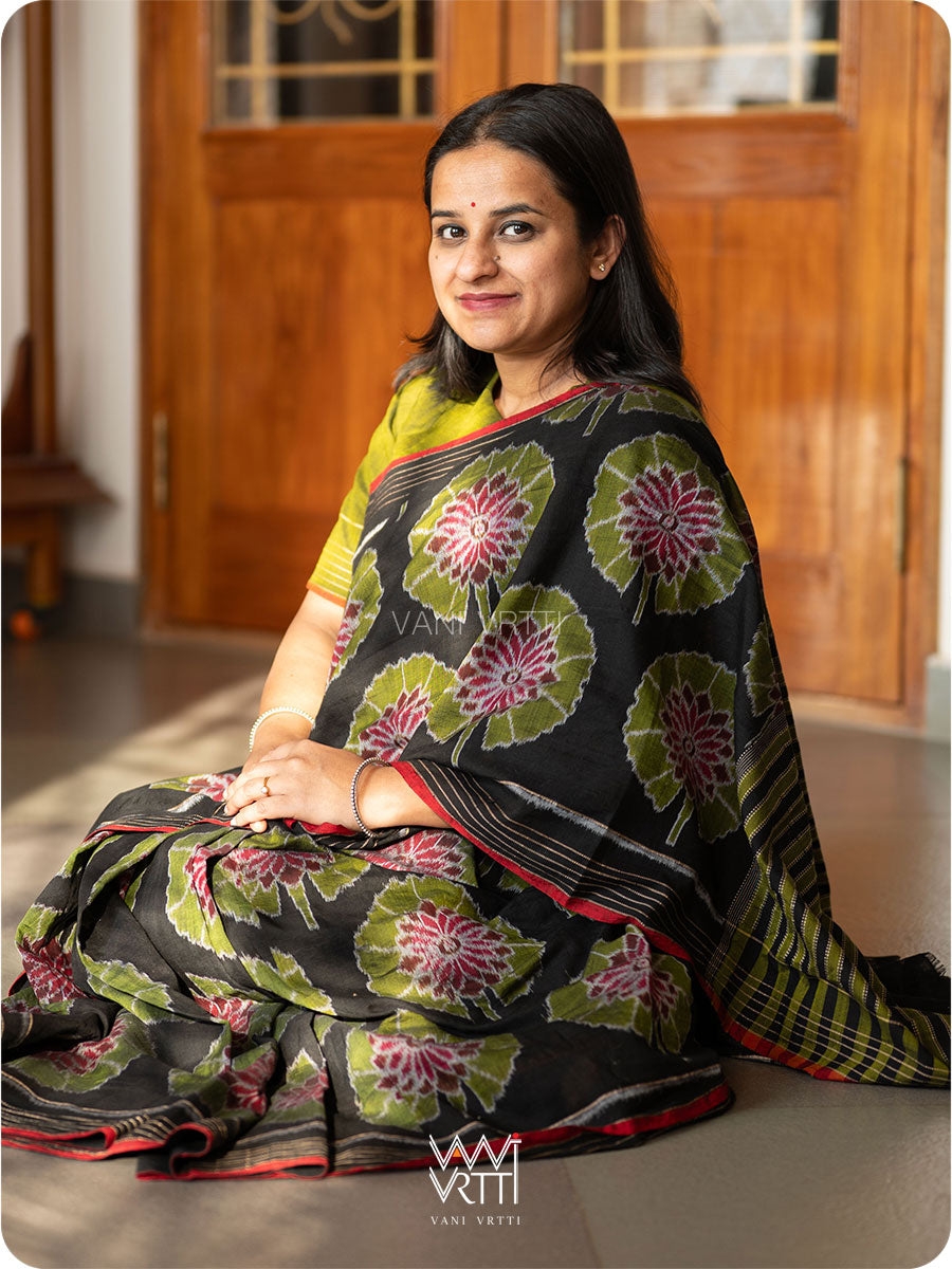 Black Lily Pond Cotton Ikat Saree