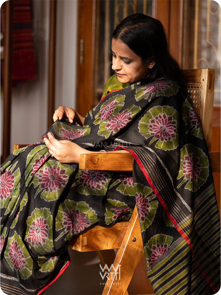 Black Lily Pond Cotton Ikat Saree