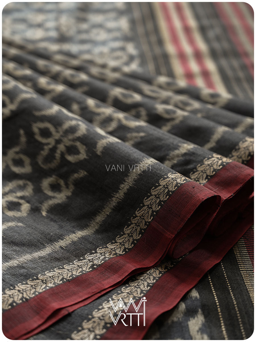 Black Ashok Phool Ikat Handspun Tussar Silk Sari