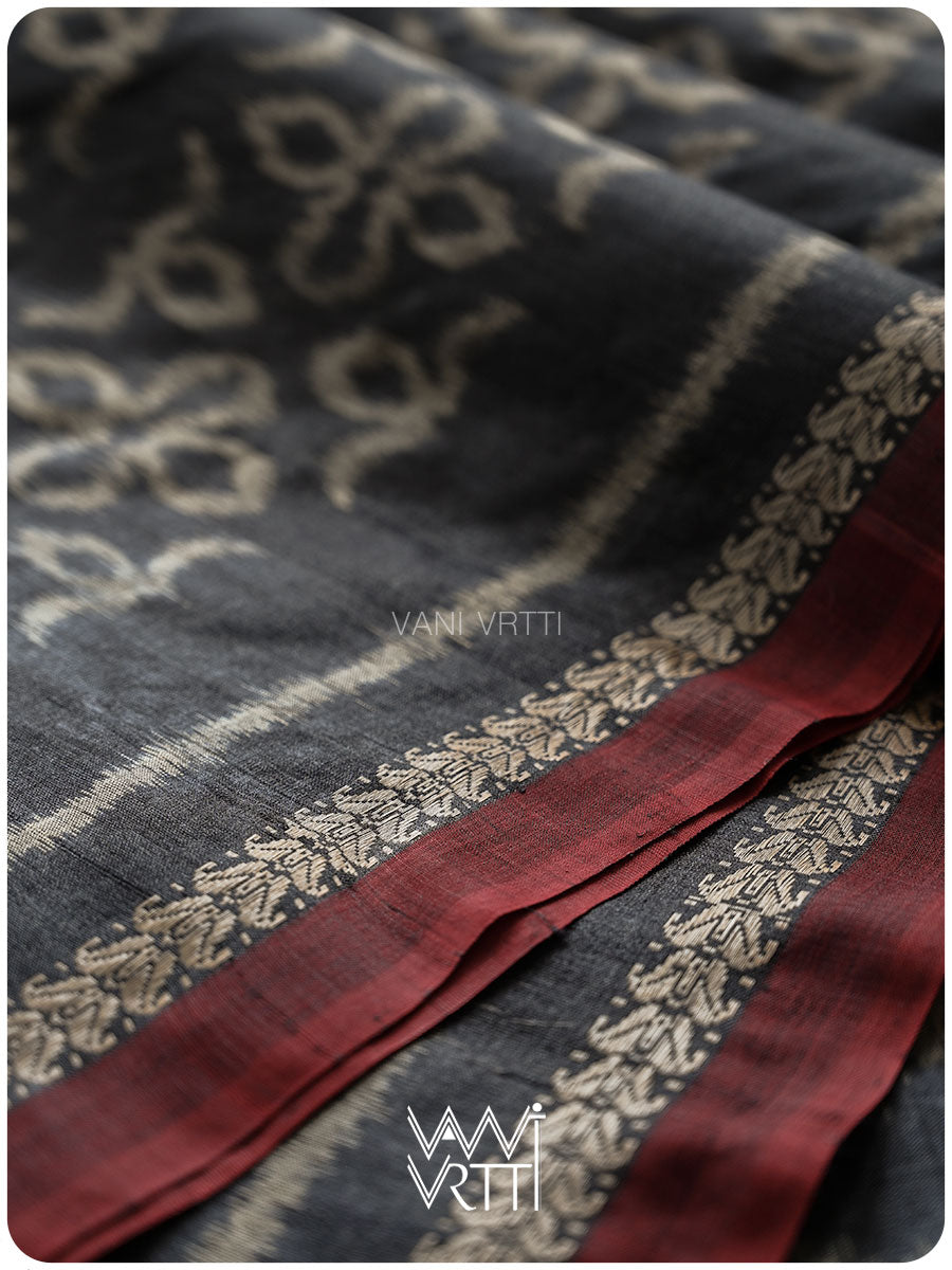 Black Ashok Phool Ikat Handspun Tussar Silk Sari