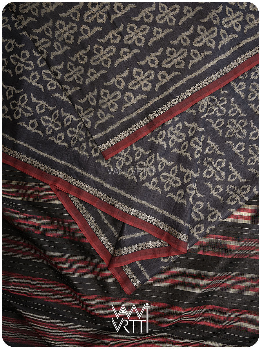 Black Ashok Phool Ikat Handspun Tussar Silk Sari