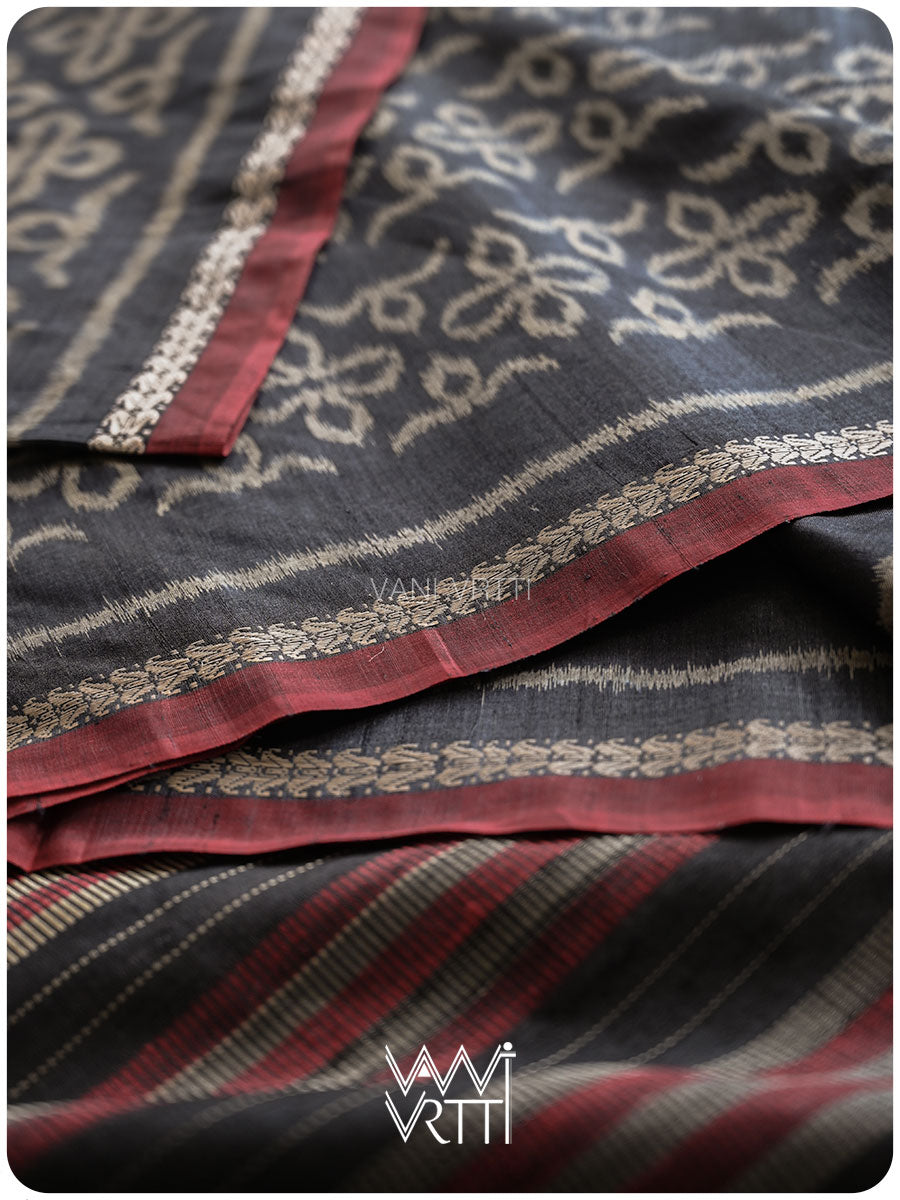 Black Ashok Phool Ikat Handspun Tussar Silk Sari