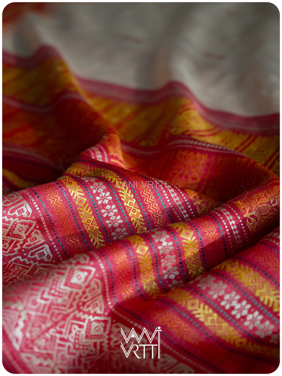 Off White Red Orange Ananta Handspun Tussar Silk Saree