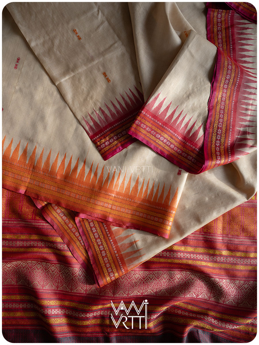Off White Red Orange Ananta Handspun Tussar Silk Saree