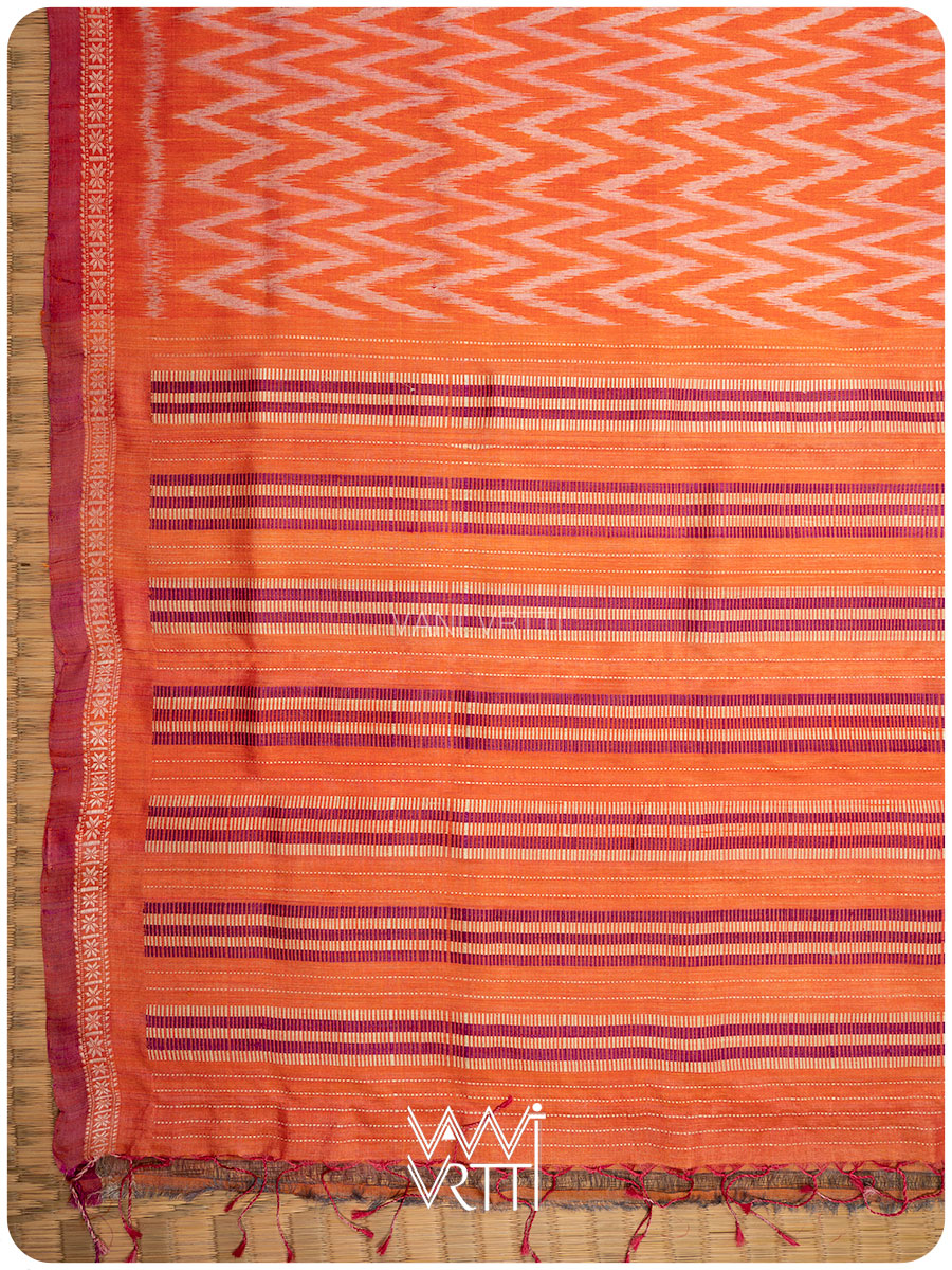 Orange Aziz Ikat Handspun Tussar Silk Saree