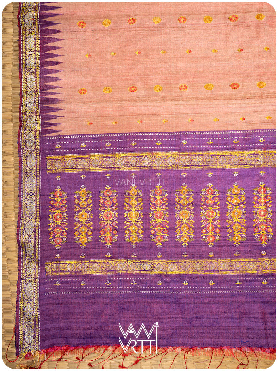 Light Peach Red Purple Brahma Kamal Master Weave Exclusive Handspun Tussar Silk Sari