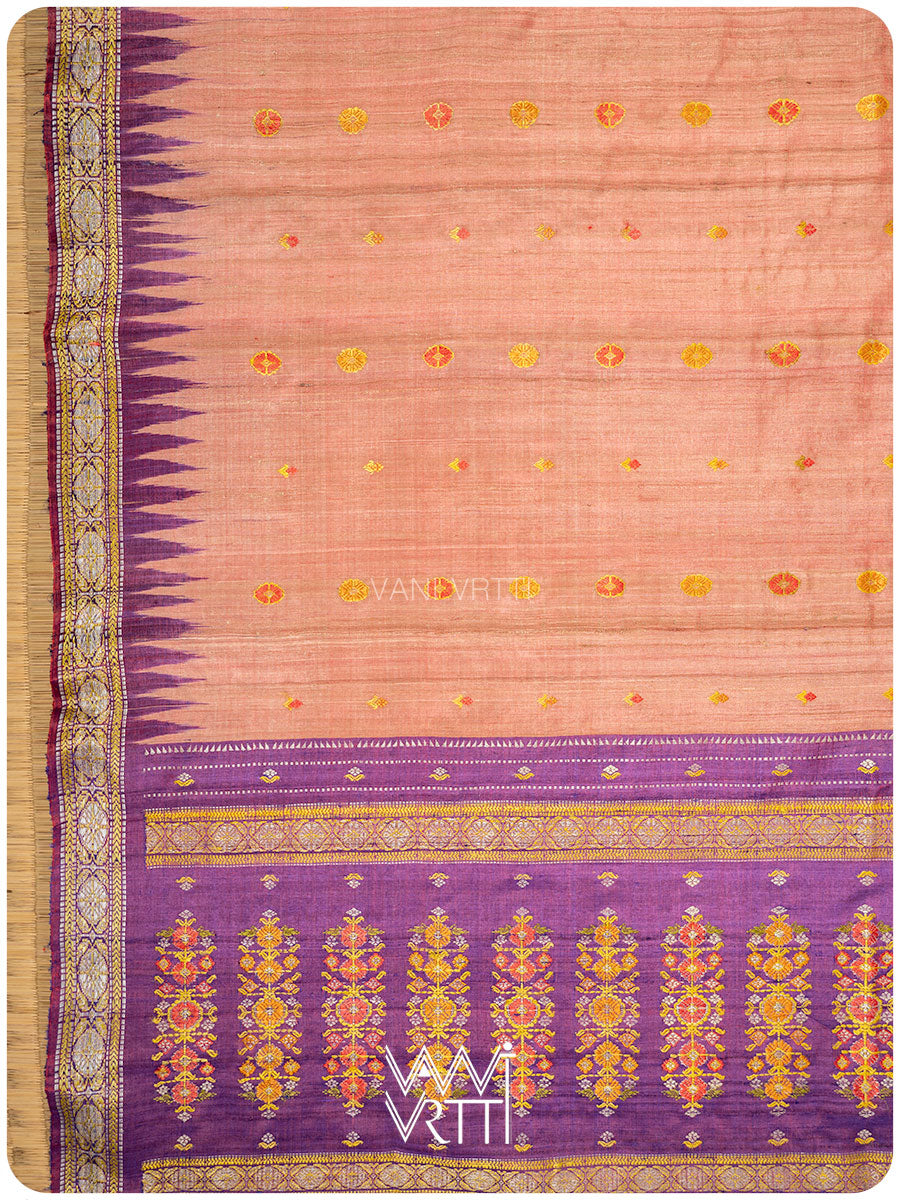 Light Peach Red Purple Brahma Kamal Master Weave Exclusive Handspun Tussar Silk Sari