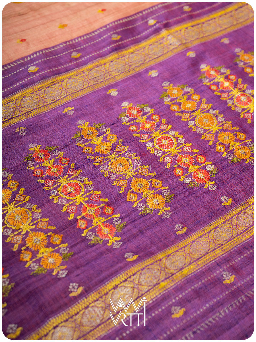 Light Peach Red Purple Brahma Kamal Master Weave Exclusive Handspun Tussar Silk Sari