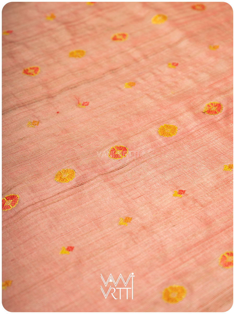 Light Peach Red Purple Brahma Kamal Master Weave Exclusive Handspun Tussar Silk Sari