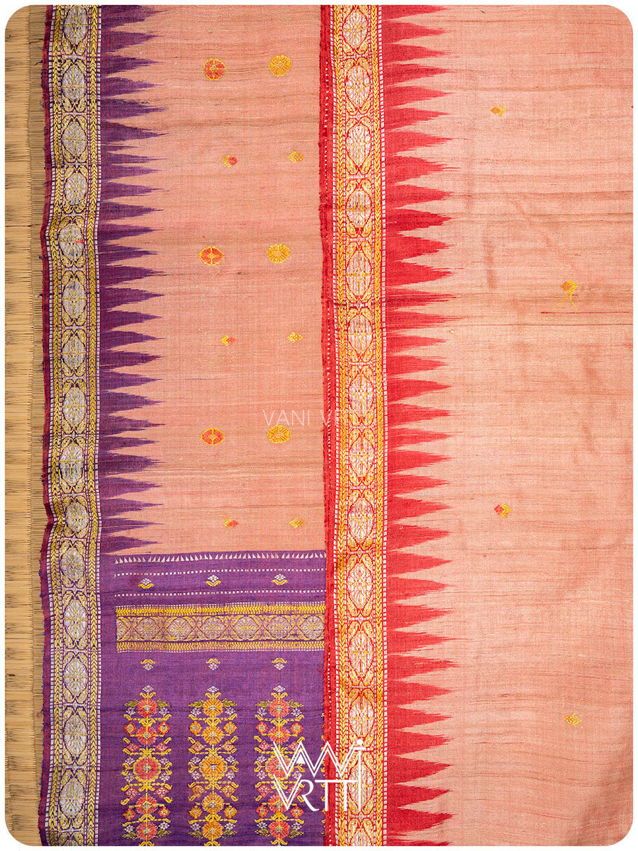 Light Peach Red Purple Brahma Kamal Master Weave Exclusive Handspun Tussar Silk Sari