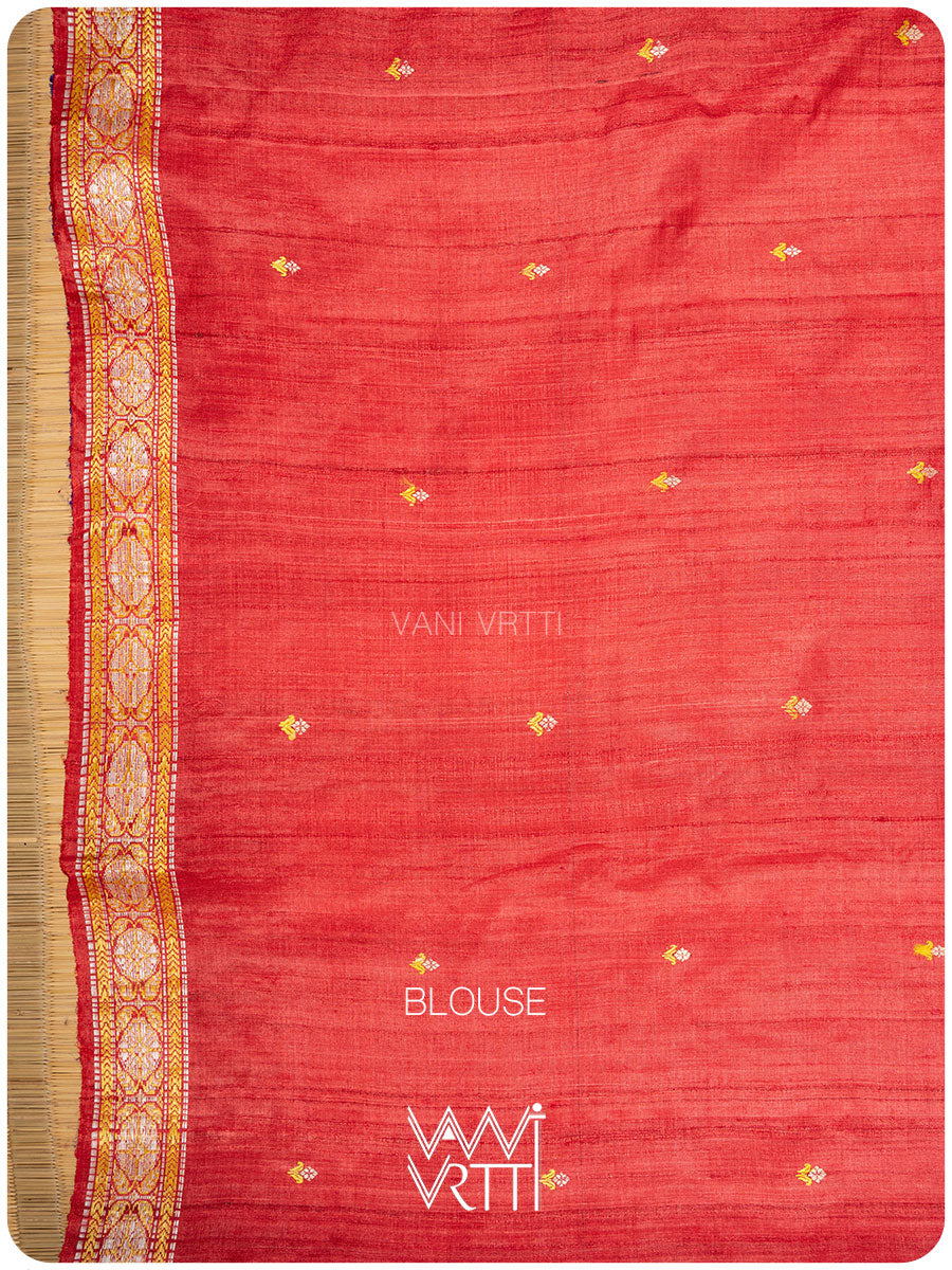 Light Peach Red Purple Brahma Kamal Master Weave Exclusive Handspun Tussar Silk Sari