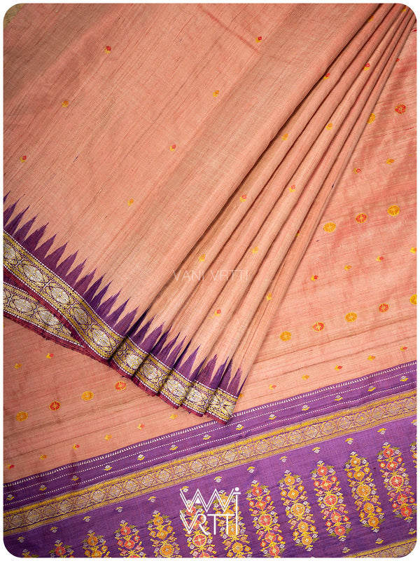 Light Peach Red Purple Brahma Kamal Master Weave Exclusive Handspun Tussar Silk Sari