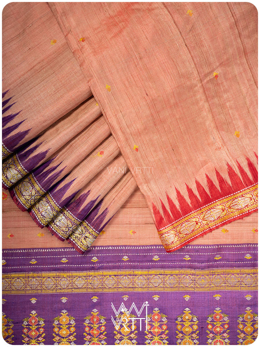 Light Peach Red Purple Brahma Kamal Master Weave Exclusive Handspun Tussar Silk Sari