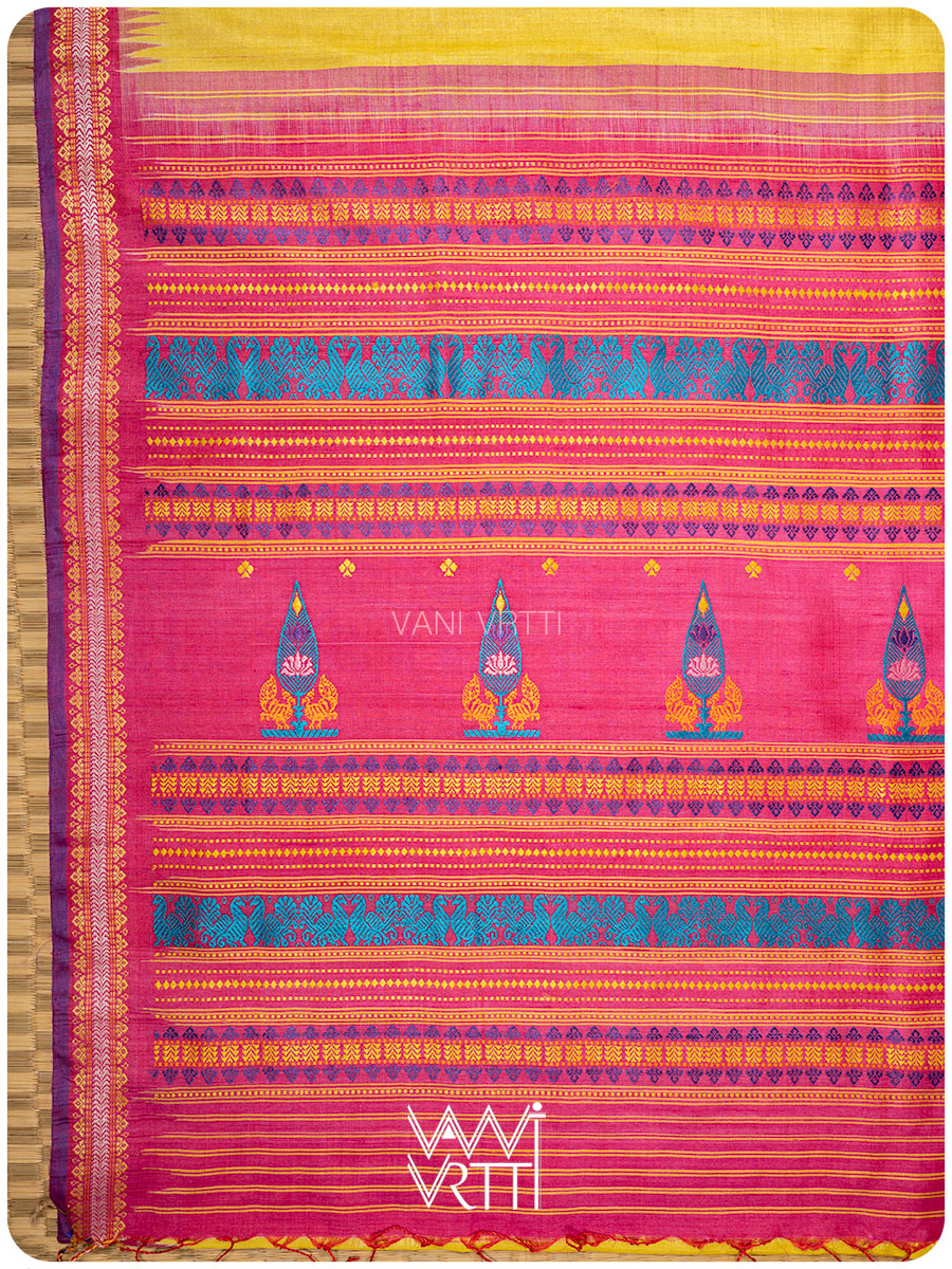 Yellow Pink Tree of Life Handspun Tussar Silk Saree