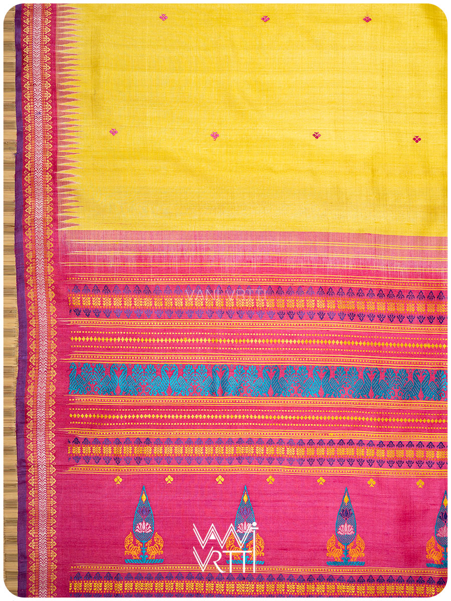 Yellow Pink Tree of Life Handspun Tussar Silk Saree
