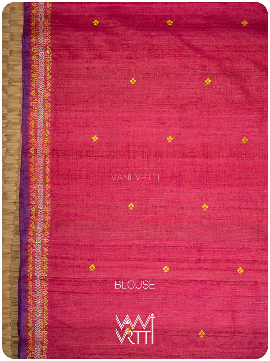 Yellow Pink Tree of Life Handspun Tussar Silk Saree