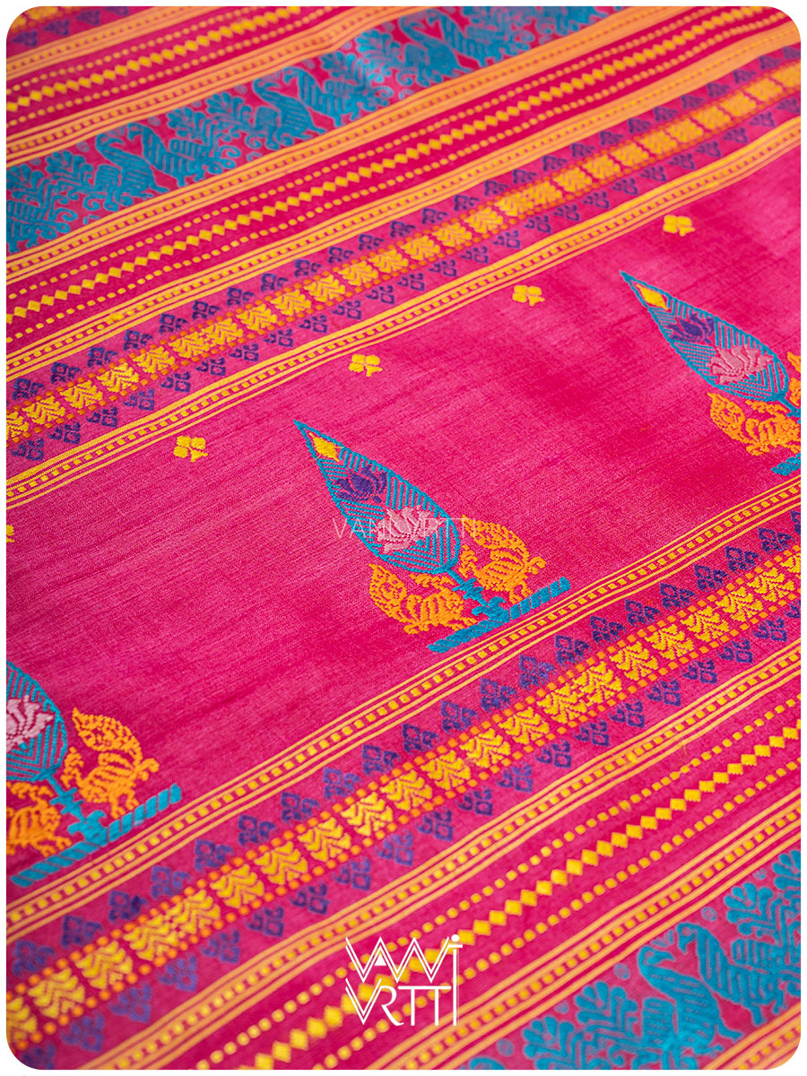 Yellow Pink Tree of Life Handspun Tussar Silk Saree