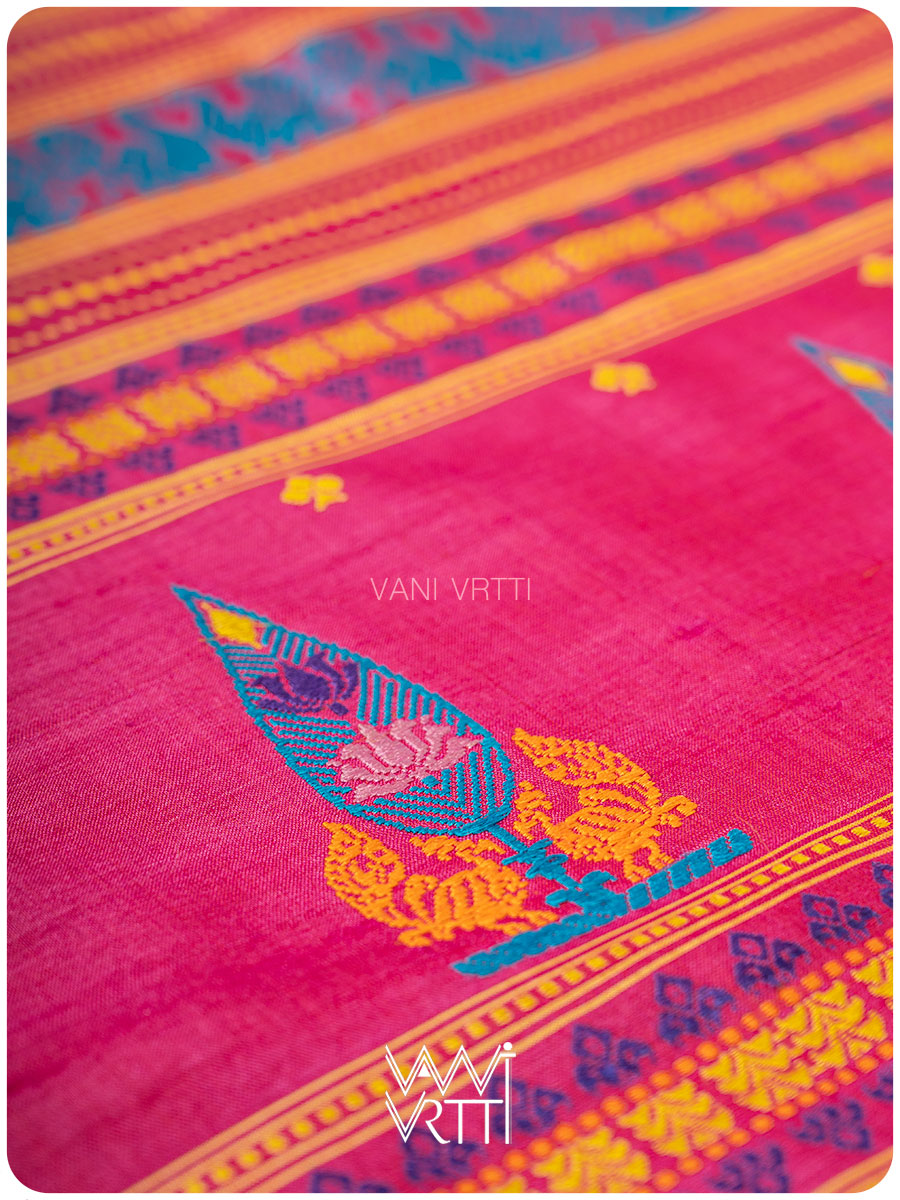 Yellow Pink Tree of Life Handspun Tussar Silk Saree