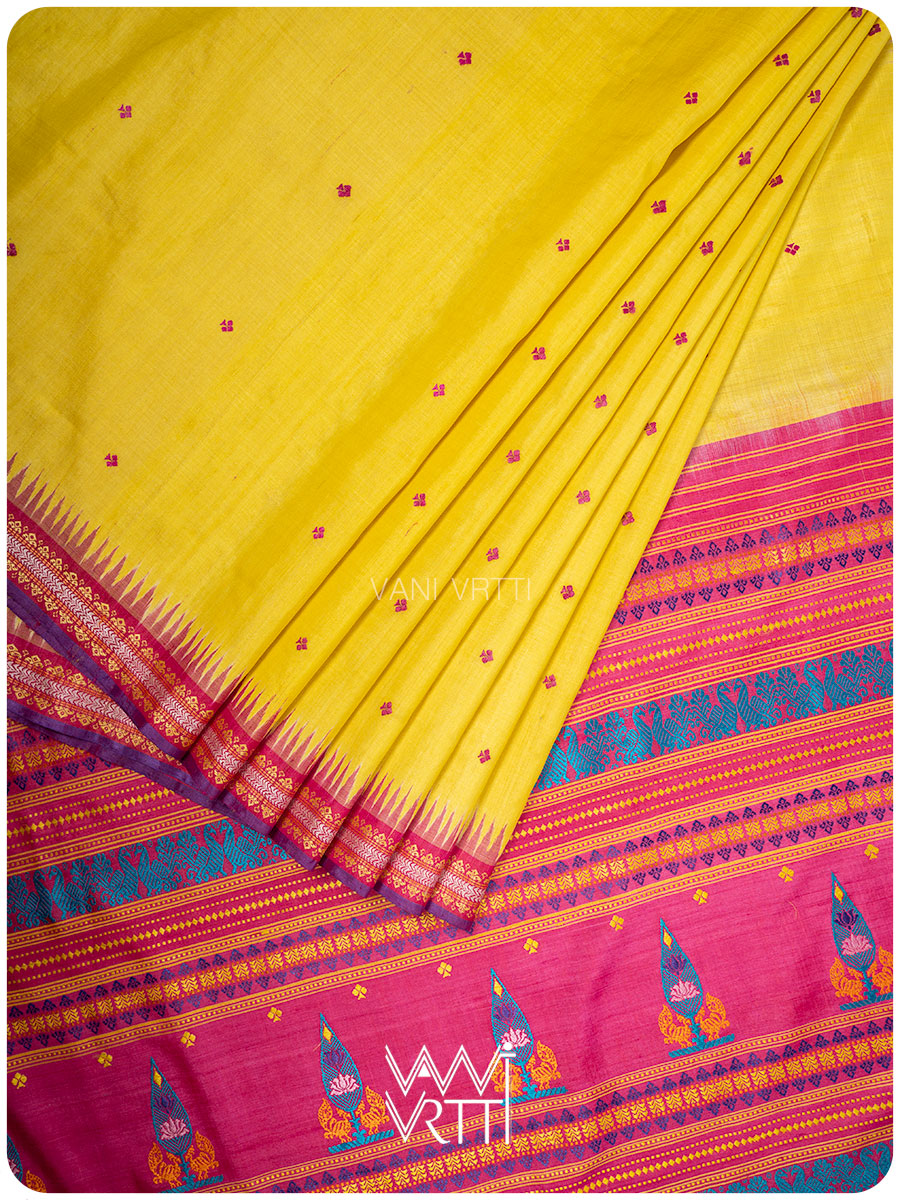 Yellow Pink Tree of Life Handspun Tussar Silk Saree