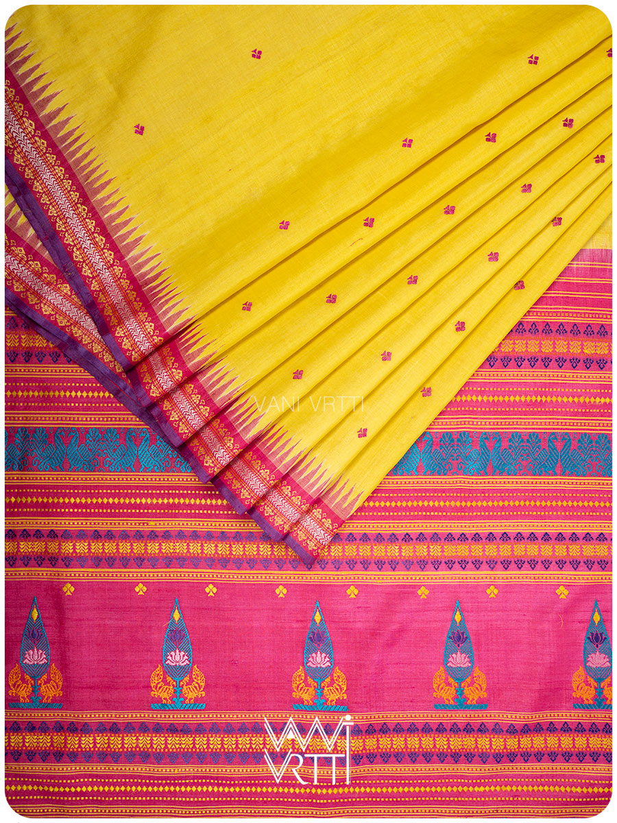 Yellow Pink Tree of Life Handspun Tussar Silk Saree