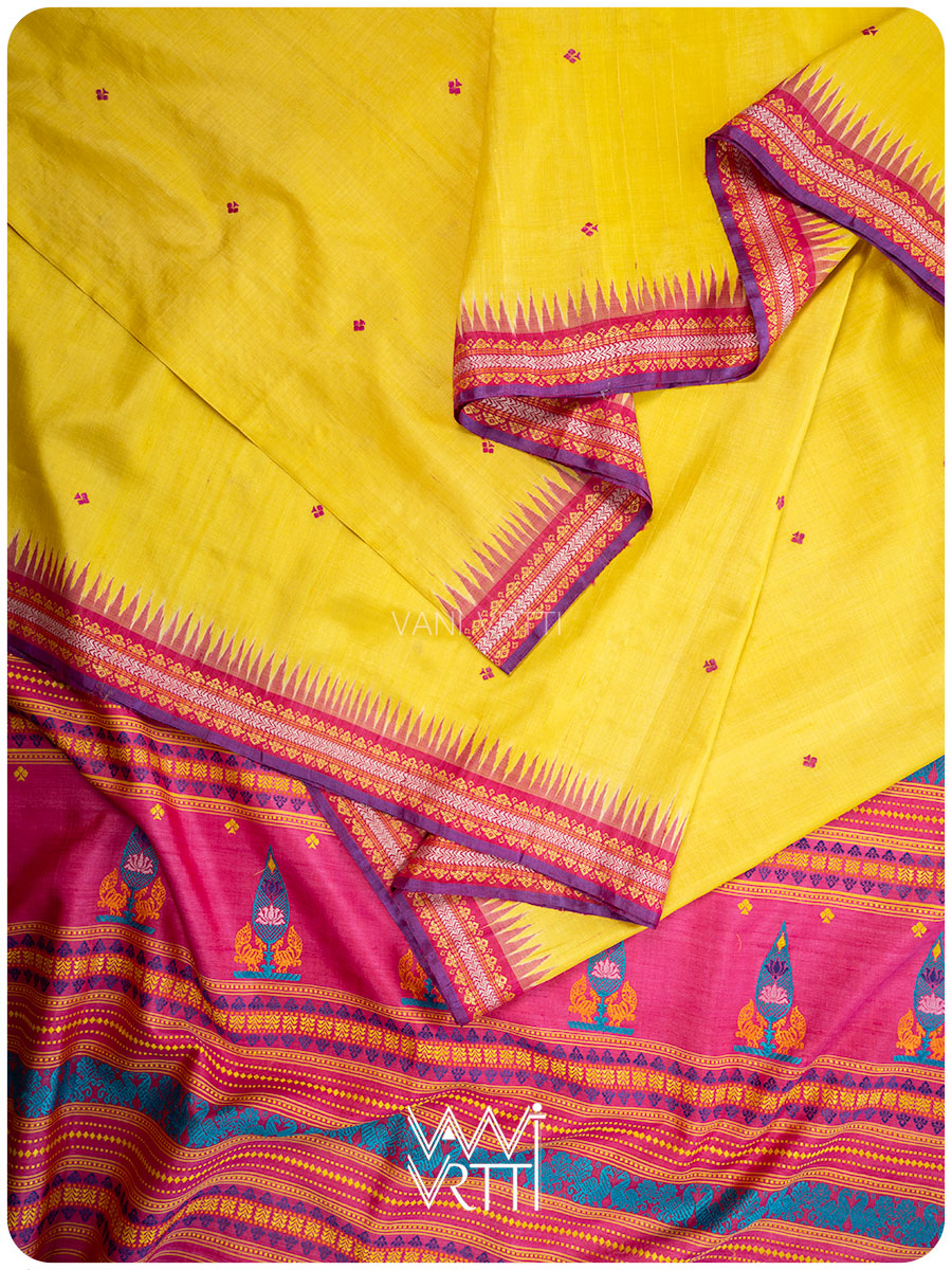 Yellow Pink Tree of Life Handspun Tussar Silk Saree