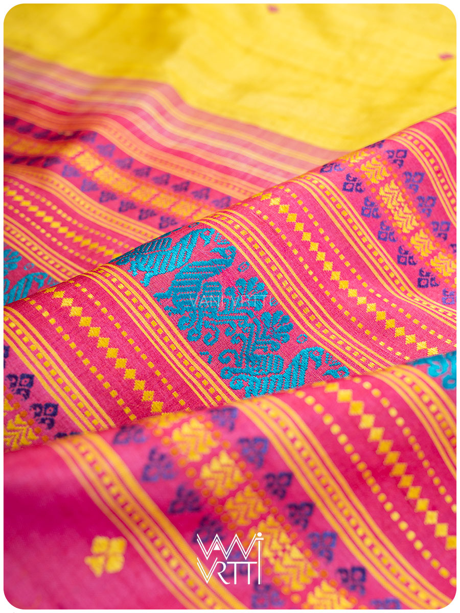 Yellow Pink Tree of Life Handspun Tussar Silk Saree
