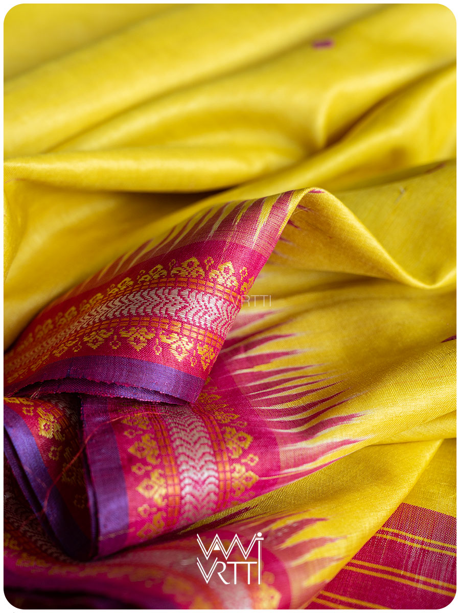 Yellow Pink Tree of Life Handspun Tussar Silk Saree