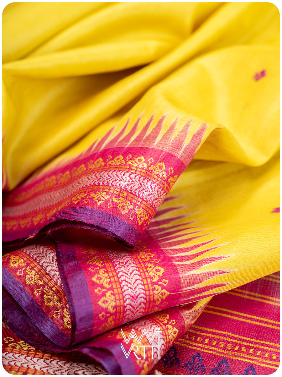 Yellow Pink Tree of Life Handspun Tussar Silk Saree