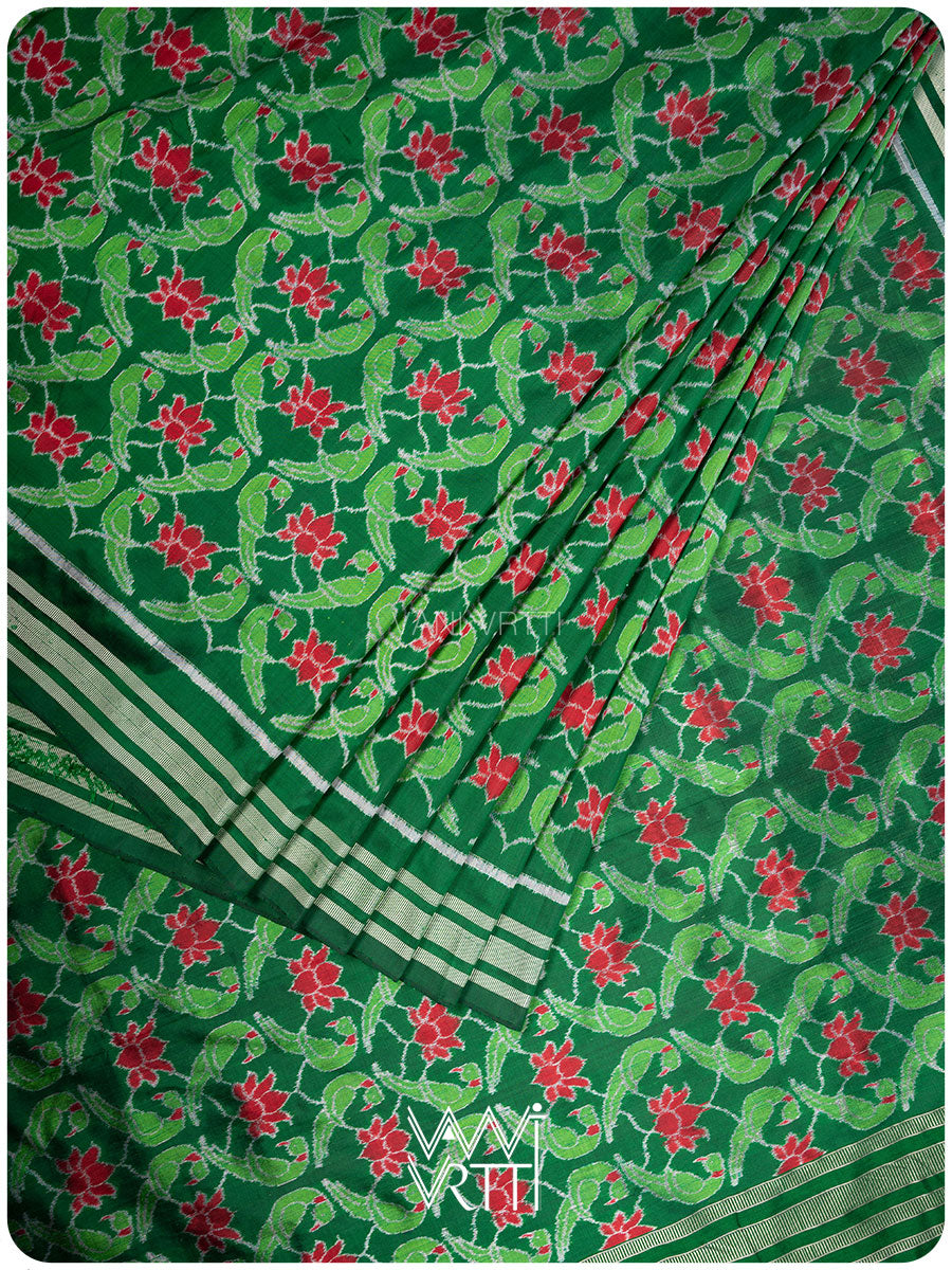Emerald Green Lotus Parrot Mulberry Silk Ikat Saree