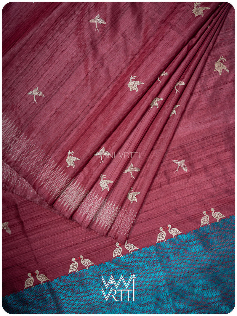 Deep Wine Chilika Master Weave Exclusive Handspun Tussar Silk Saree